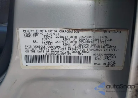 2004 Toyota Rav4 из США, поврежденный, VIN JTEHD20V940028122